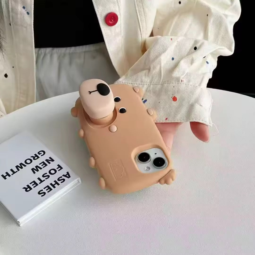 3D Cute Standing Light Brown Dog Phone Holder Trending Shockproof Rubber Silicone iPhone Case
