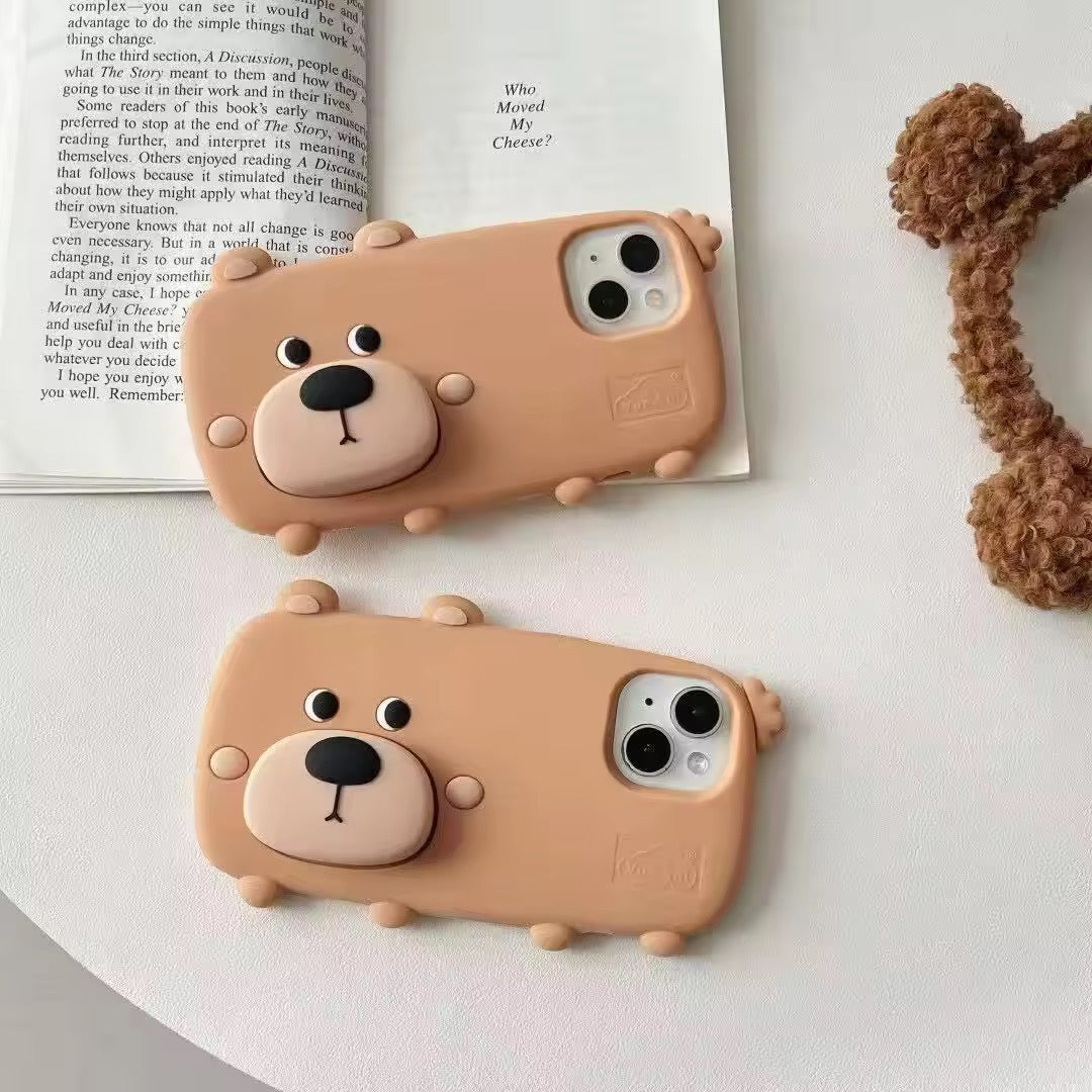 3D Cute Standing Light Brown Dog Phone Holder Trending Shockproof Rubber Silicone iPhone Case
