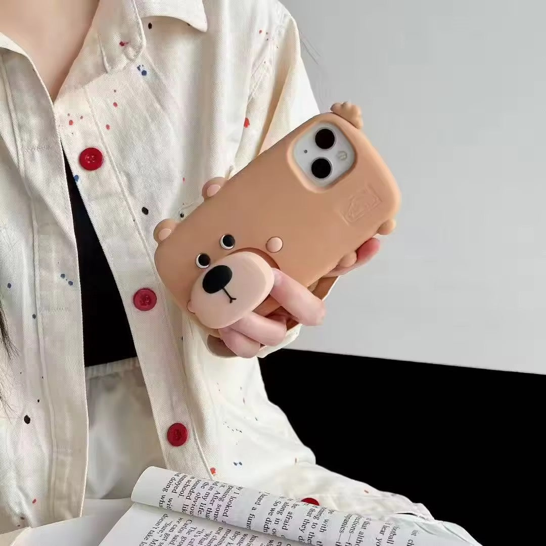 3D Cute Standing Light Brown Dog Phone Holder Trending Shockproof Rubber Silicone iPhone Case
