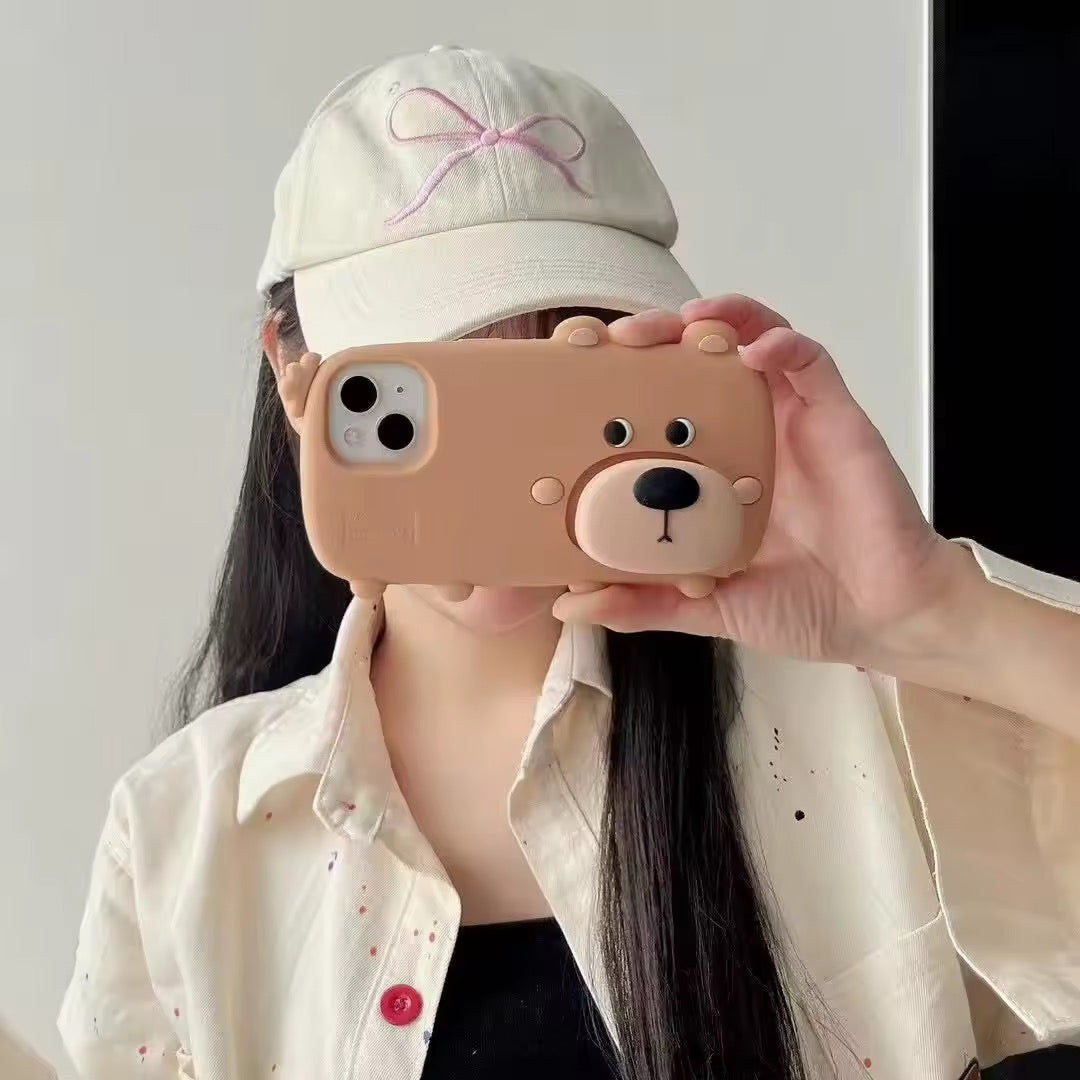 3D Cute Standing Light Brown Dog Phone Holder Trending Shockproof Rubber Silicone iPhone Case