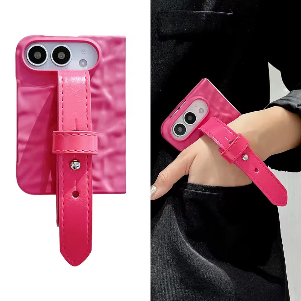 Pink Wrinkle Matte Textured Wrist Strap Anti Drop iPhone Duo Fold Pre-Order iPhone Case