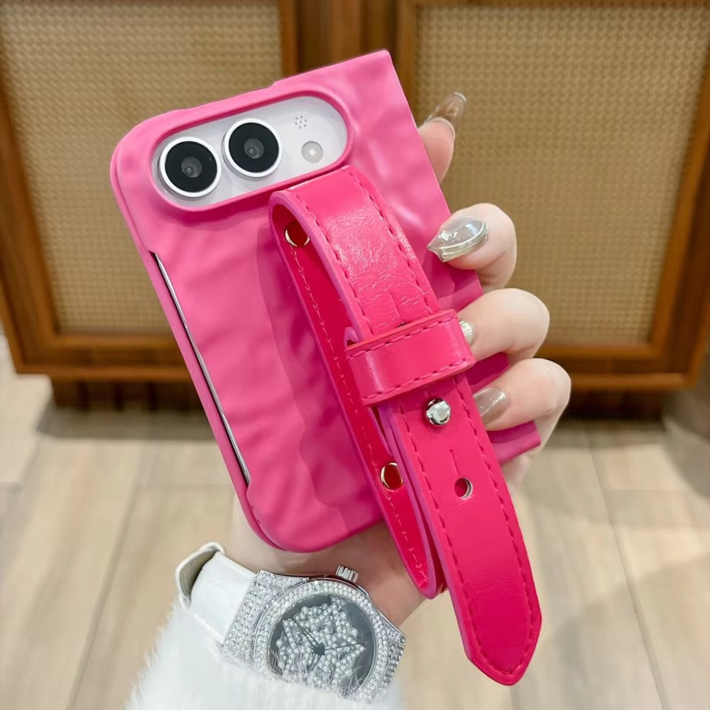 Pink Wrinkle Matte Textured Wrist Strap Anti Drop iPhone Duo Fold Pre-Order iPhone Case