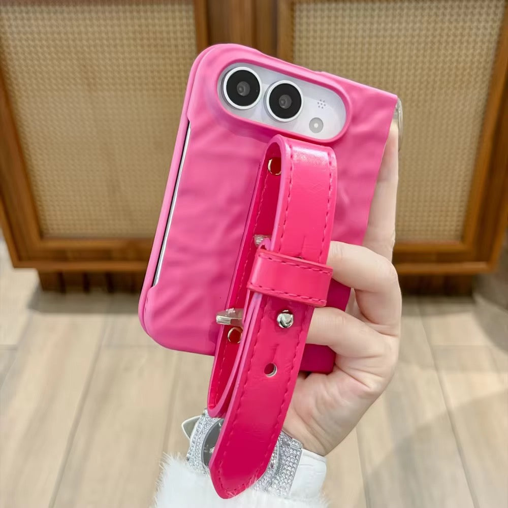 Pink Wrinkle Matte Textured Wrist Strap Anti Drop iPhone Duo Fold Pre-Order iPhone Case