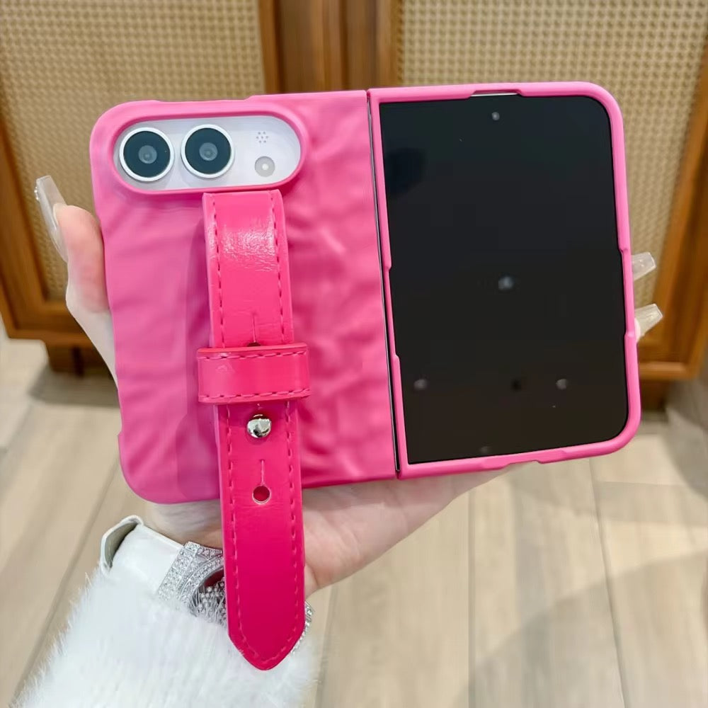 Pink Wrinkle Matte Textured Wrist Strap Anti Drop iPhone Duo Fold Pre-Order iPhone Case