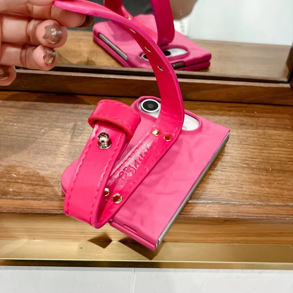 Pink Wrinkle Matte Textured Wrist Strap Anti Drop iPhone Duo Fold Pre-Order iPhone Case