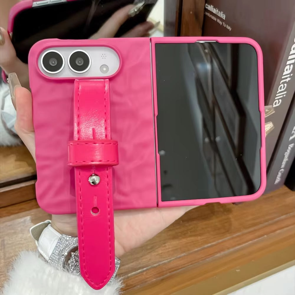 Pink Wrinkle Matte Textured Wrist Strap Anti Drop iPhone Duo Fold Pre-Order iPhone Case