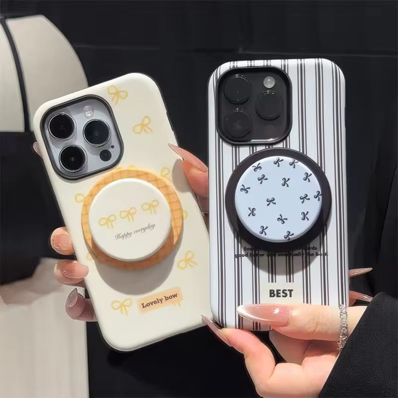 Stripe Bow Glossy Plaid Magnetic Phone Holder iPhone Pre-Order Case