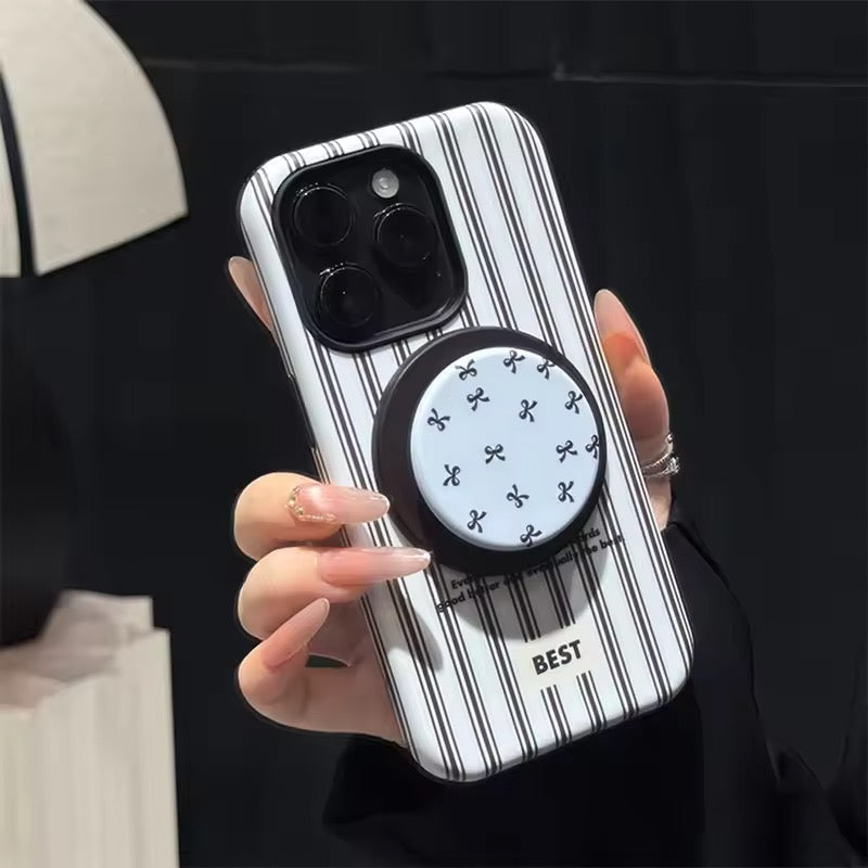 Stripe Bow Glossy Plaid Magnetic Phone Holder iPhone Pre-Order Case