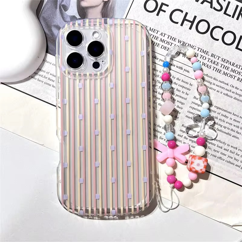 Korean Stripes Transparent iPhone Soft Case With Lanyard Bracelet