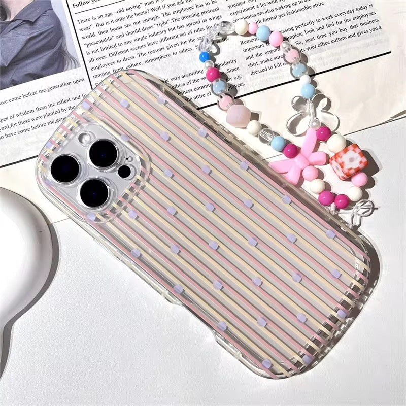 Korean Stripes Transparent iPhone Soft Case With Lanyard Bracelet