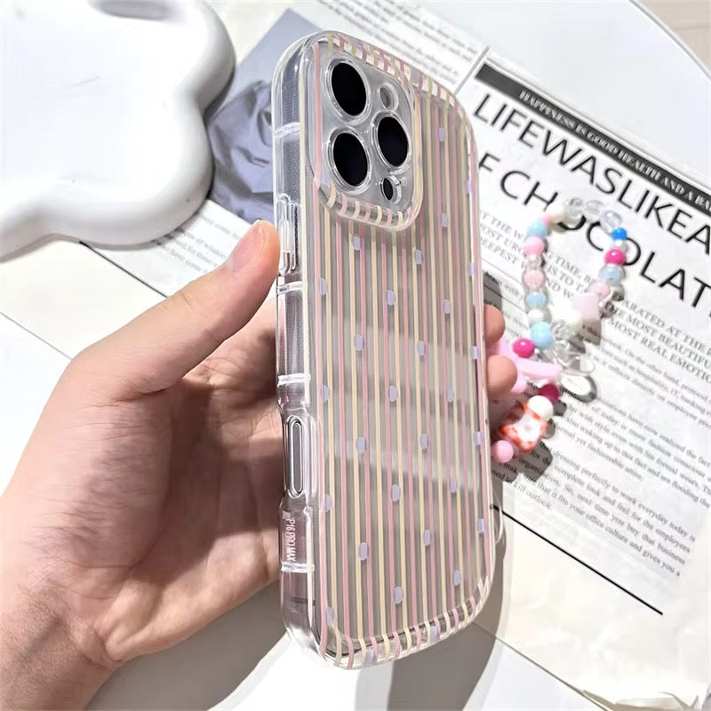 Korean Stripes Transparent iPhone Soft Case With Lanyard Bracelet