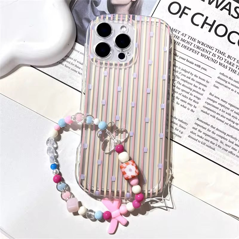 Korean Stripes Transparent iPhone Soft Case With Lanyard Bracelet