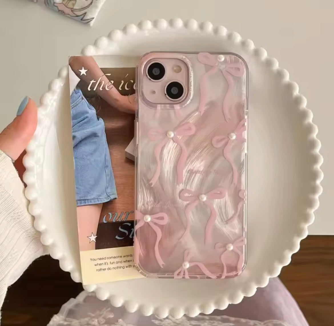 Cute Pink Bow Pearl Silver Laser Knot iPhone Case