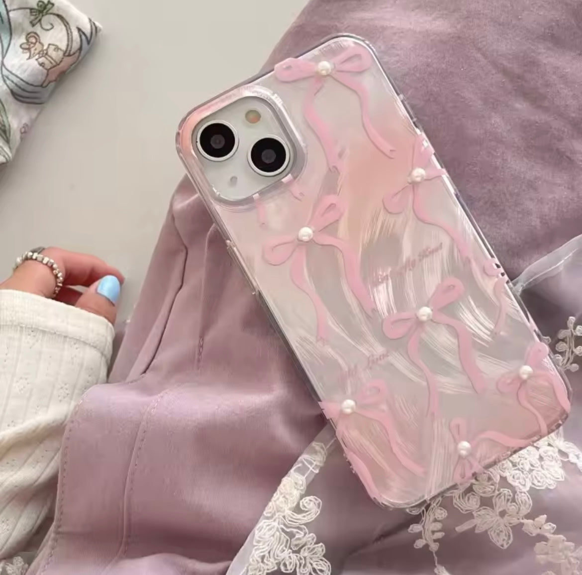 Cute Pink Bow Pearl Silver Laser Knot iPhone Case