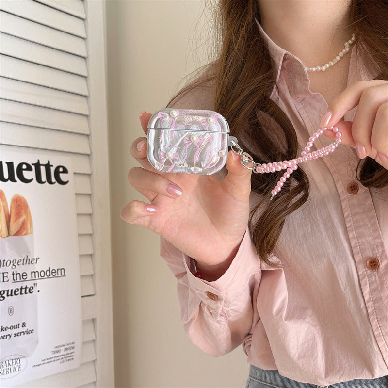 Cute Pink Bow Pearl Silver Laser Knot Airpod Case