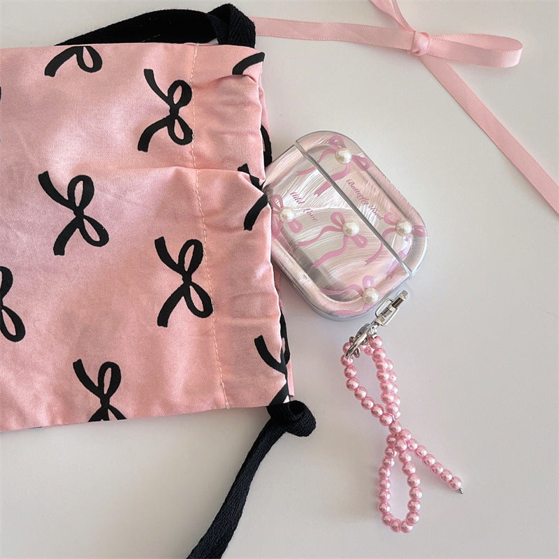 Cute Pink Bow Pearl Silver Laser Knot Airpod Case