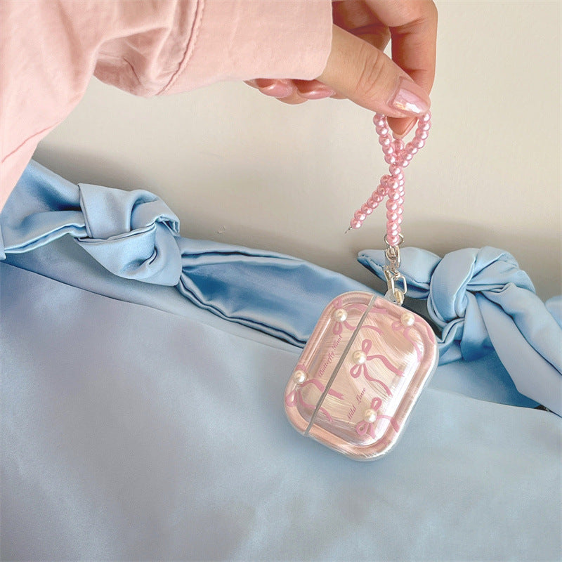 Cute Pink Bow Pearl Silver Laser Knot Airpod Case