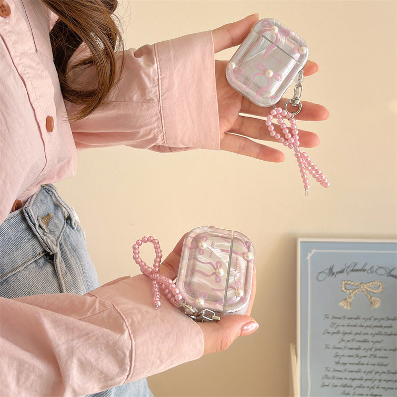 Cute Pink Bow Pearl Silver Laser Knot Airpod Case