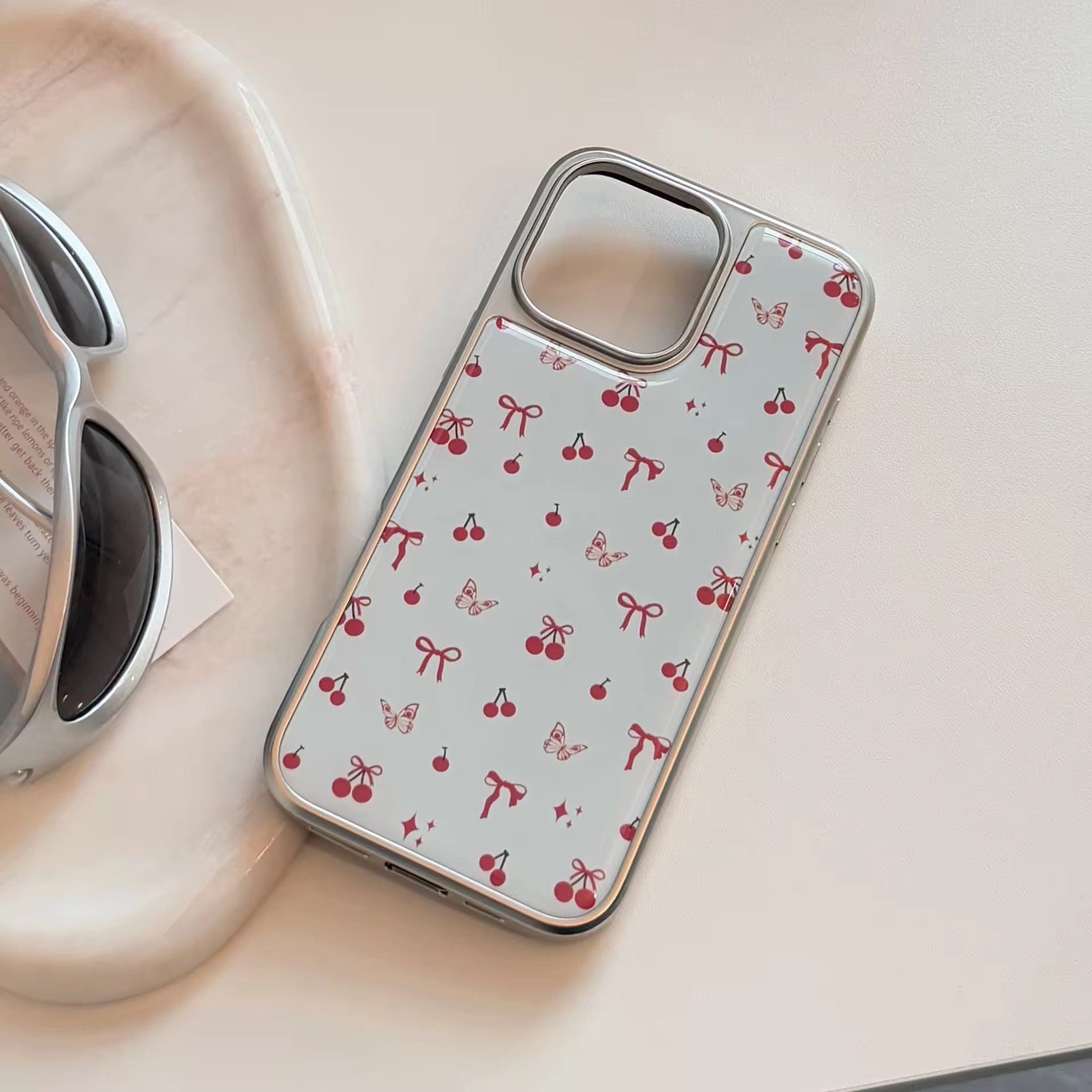 Red Cherry Bow White Silver Bumper Pre-Order iPhone Case