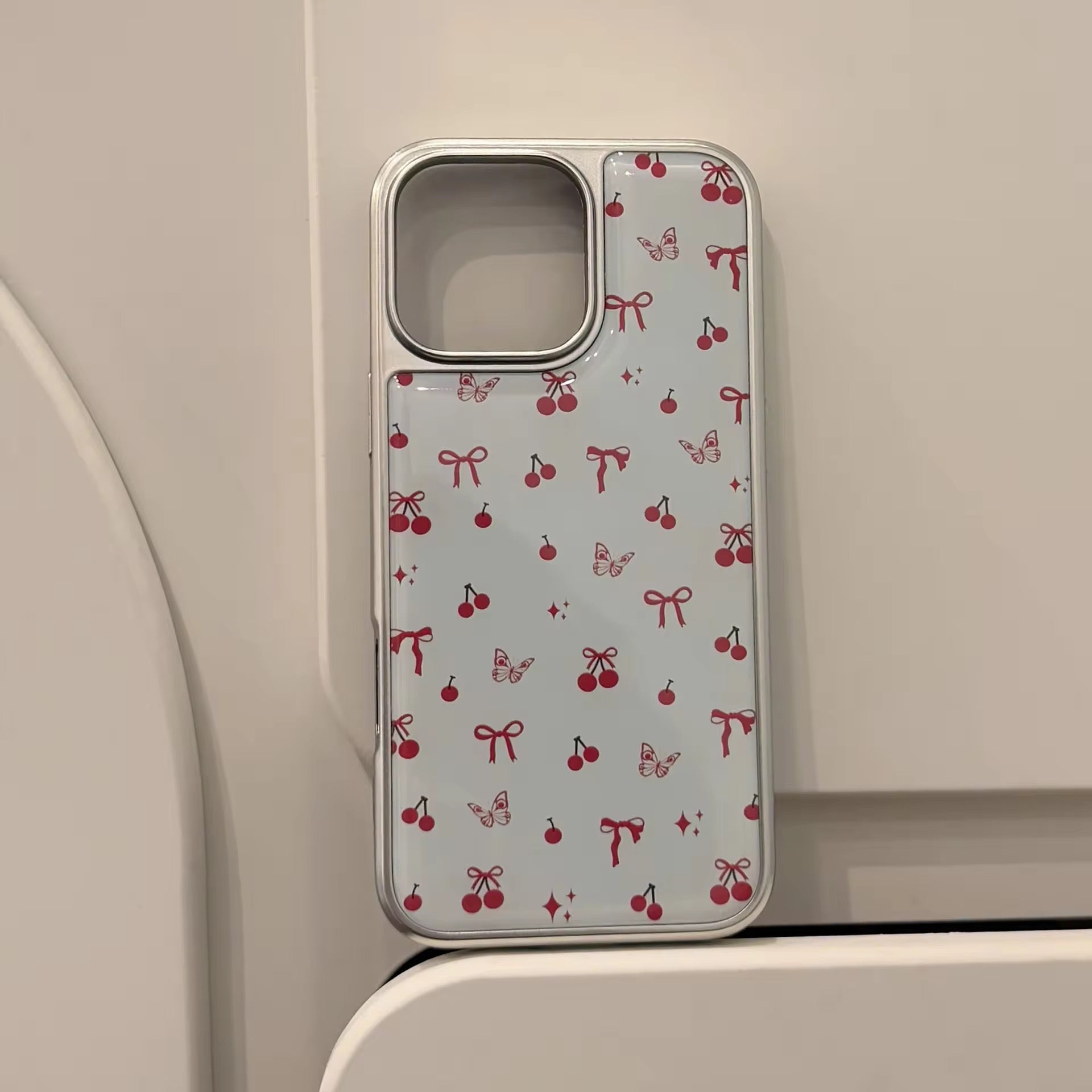 Red Cherry Bow White Silver Bumper Pre-Order iPhone Case