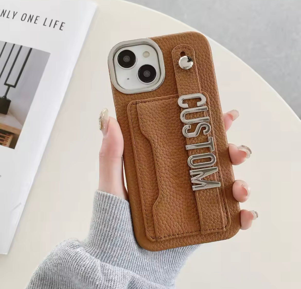 Brown Card Holder Premium Leather Custom Bracelet Strap iPhone Case