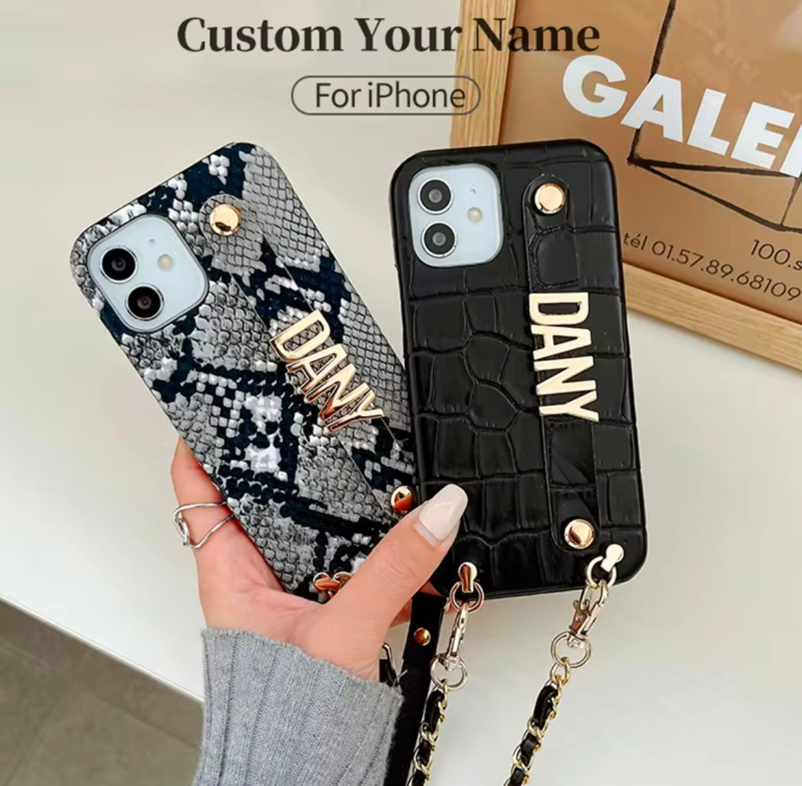 Black Gray Leopard Texture Leather Custom Bracelet iPhone Case