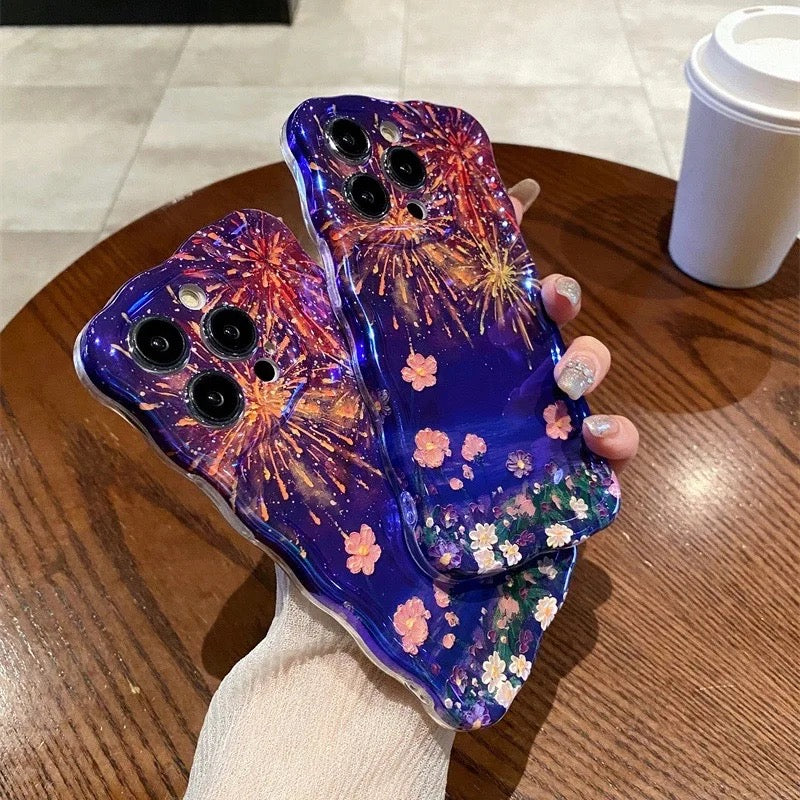 Dark Purple Fireworks Laser Floral Flowers Holographic iPhone Soft Silicone Case