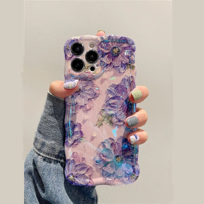 Light & Dark Purple Laser Floral Flowers Holographic iPhone Soft Silicone Case