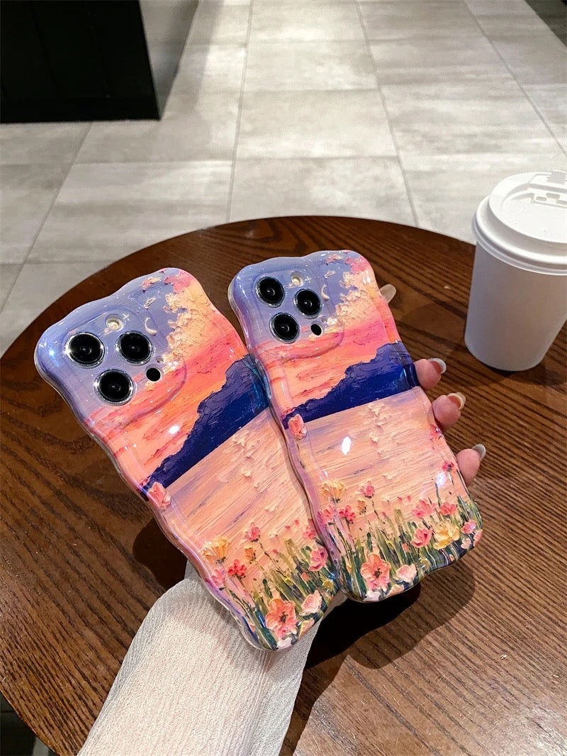 Sunset Scenic Laser Floral Flowers Holographic iPhone Soft Silicone Case