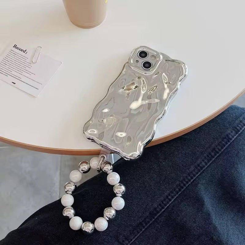 Silver Electroplating Glossy Textured Beads Bracelet Round Lanyard iPhone Case