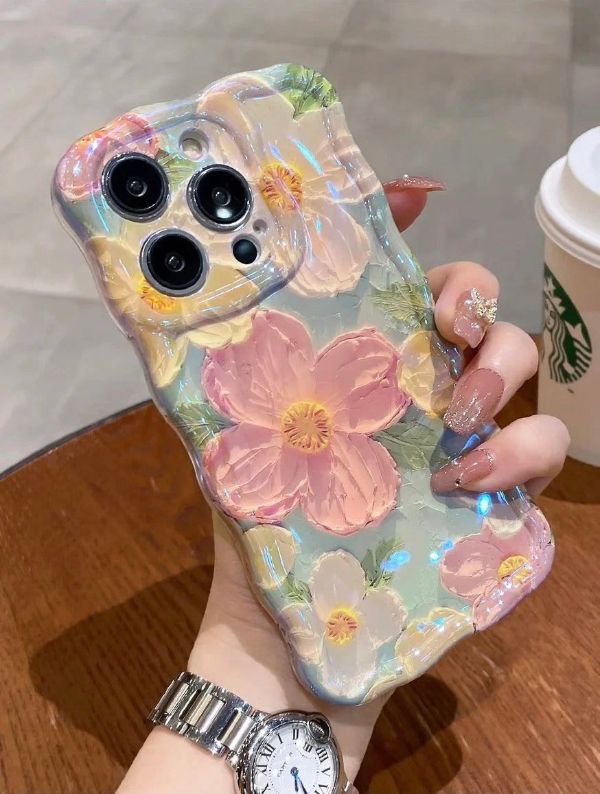 Mint Green Pink Laser Floral Flowers Holographic iPhone Soft Silicone Case