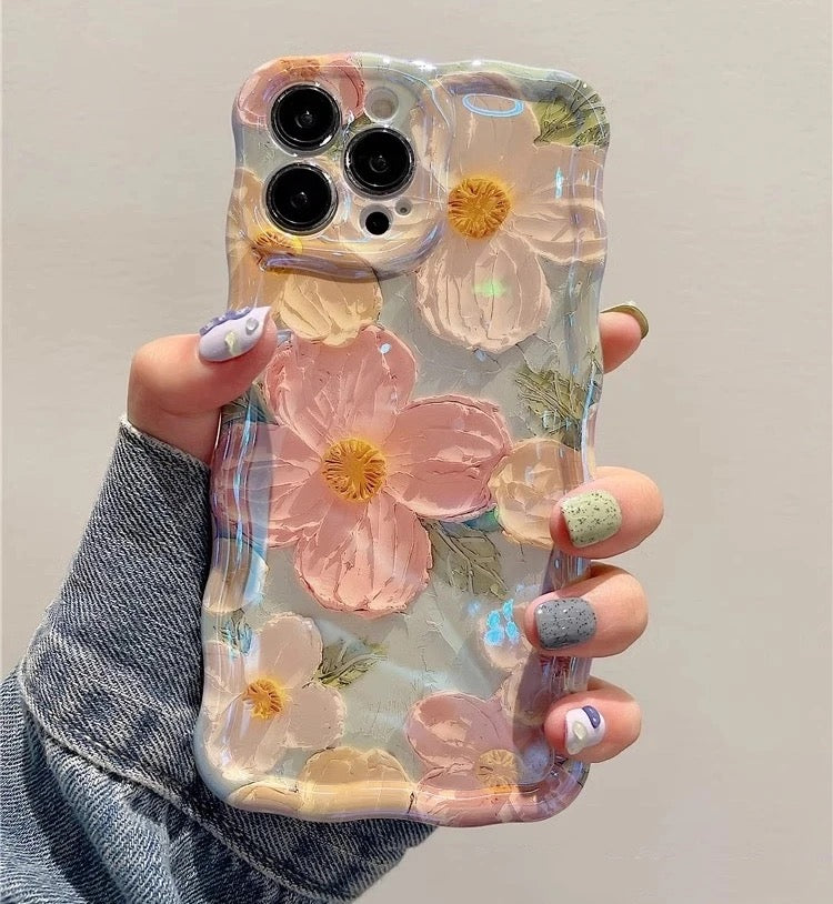 Mint Green Pink Laser Floral Flowers Holographic iPhone Soft Silicone Case