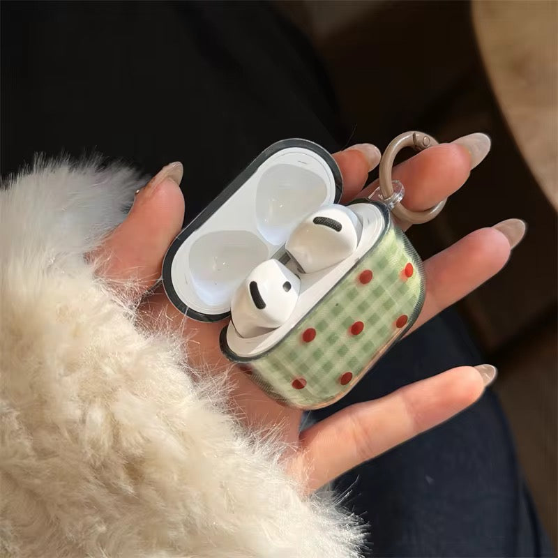 Green Pink Grid Ripple Point Glossy Airpod Pre-Order Case With Ring