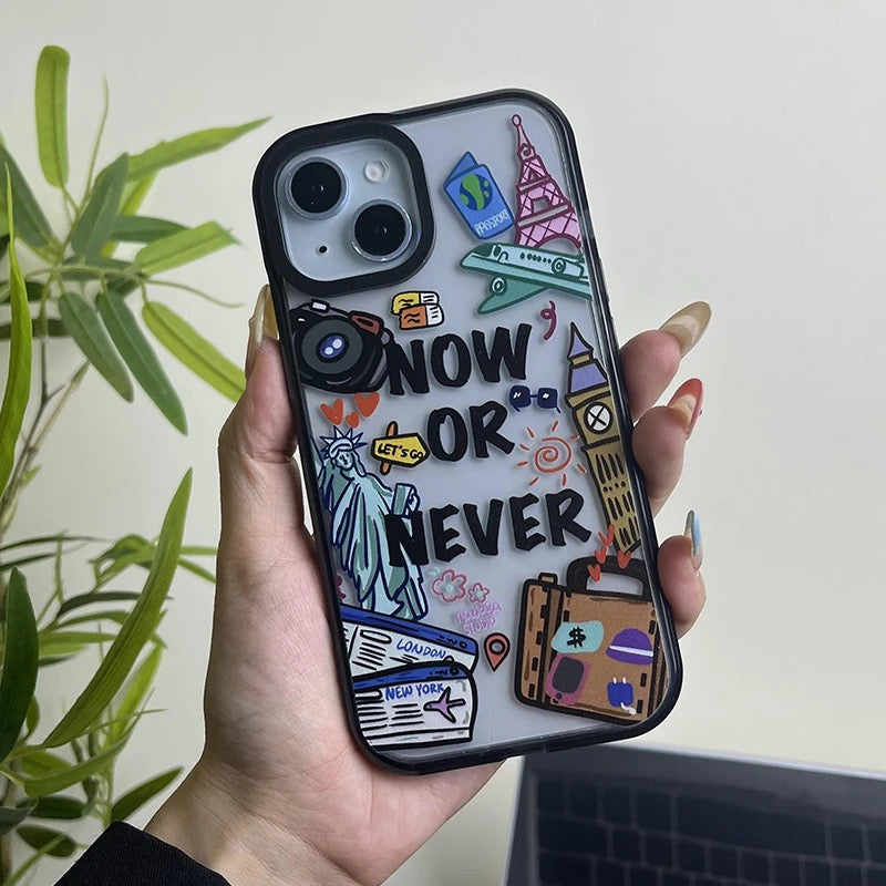 Now Or Never Travel Transparent Clear Bumper iPhone Hybrid Silicone Case