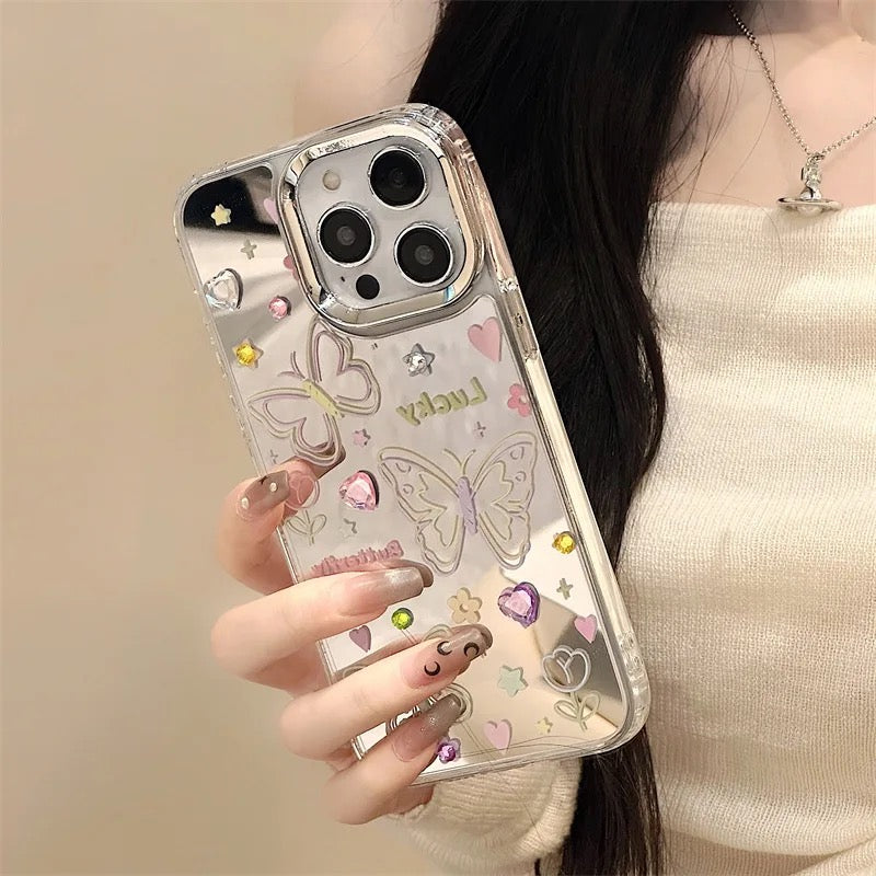 3D Colorful Studded Butterfly Mirror Lanyard Bracelet iPhone Case