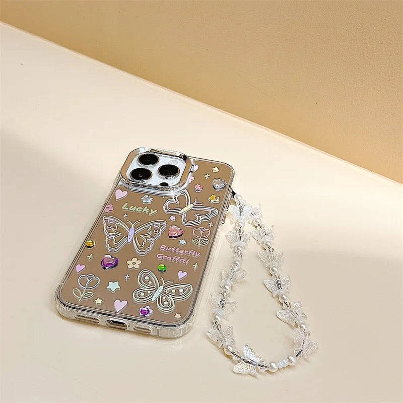 3D Colorful Studded Butterfly Mirror Lanyard Bracelet iPhone Case