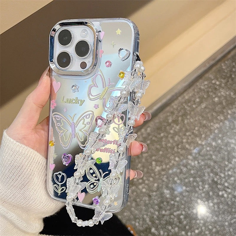 3D Colorful Studded Butterfly Mirror Lanyard Bracelet iPhone Case