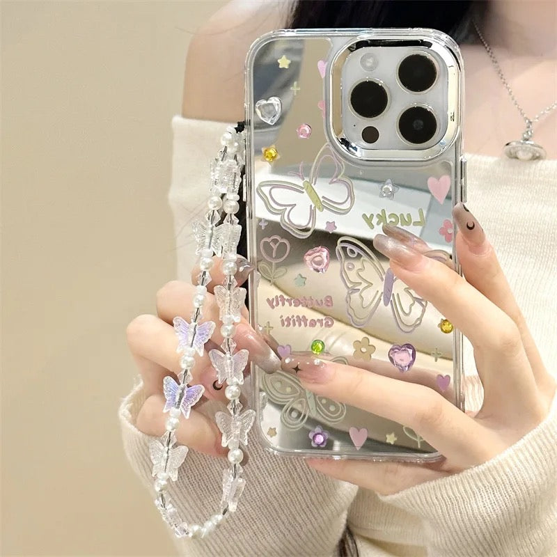 3D Colorful Studded Butterfly Mirror Lanyard Bracelet iPhone Case