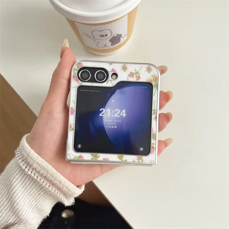 Cute Pink Rose Silver Border Samsung Z Flip Pre-Order Case