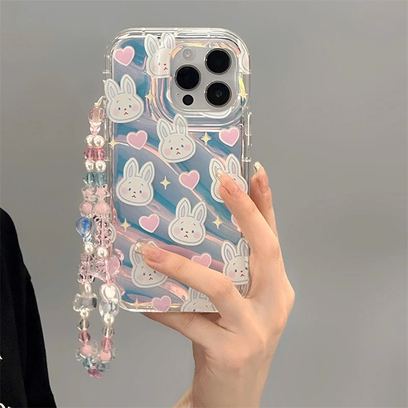 2 in 1 Cute Bunny Laser Bracelet Lanyard Transparent iPhone Soft Case