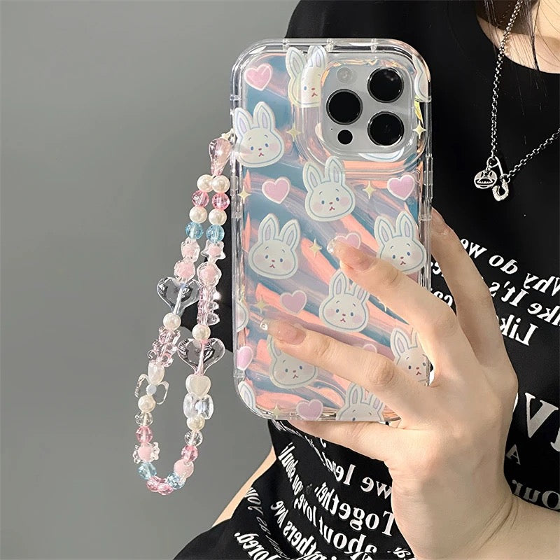 2 in 1 Cute Bunny Laser Bracelet Lanyard Transparent iPhone Soft Case