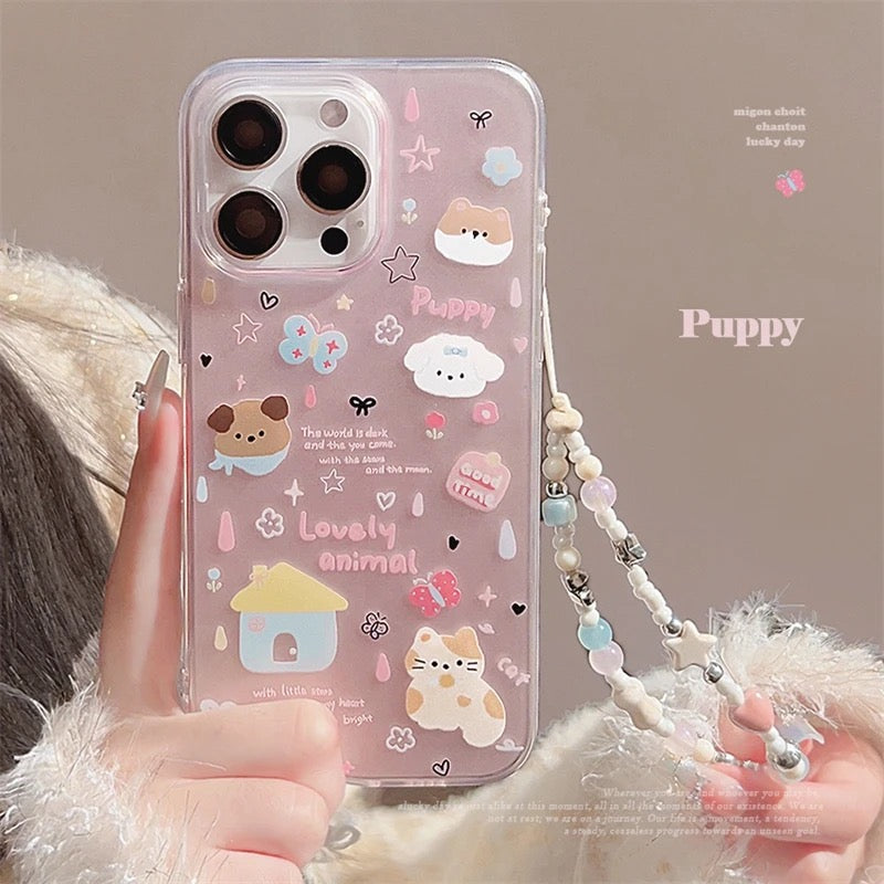 Puppy Dog Animal Lanyard Bracelet Pink iPhone Silicone Case