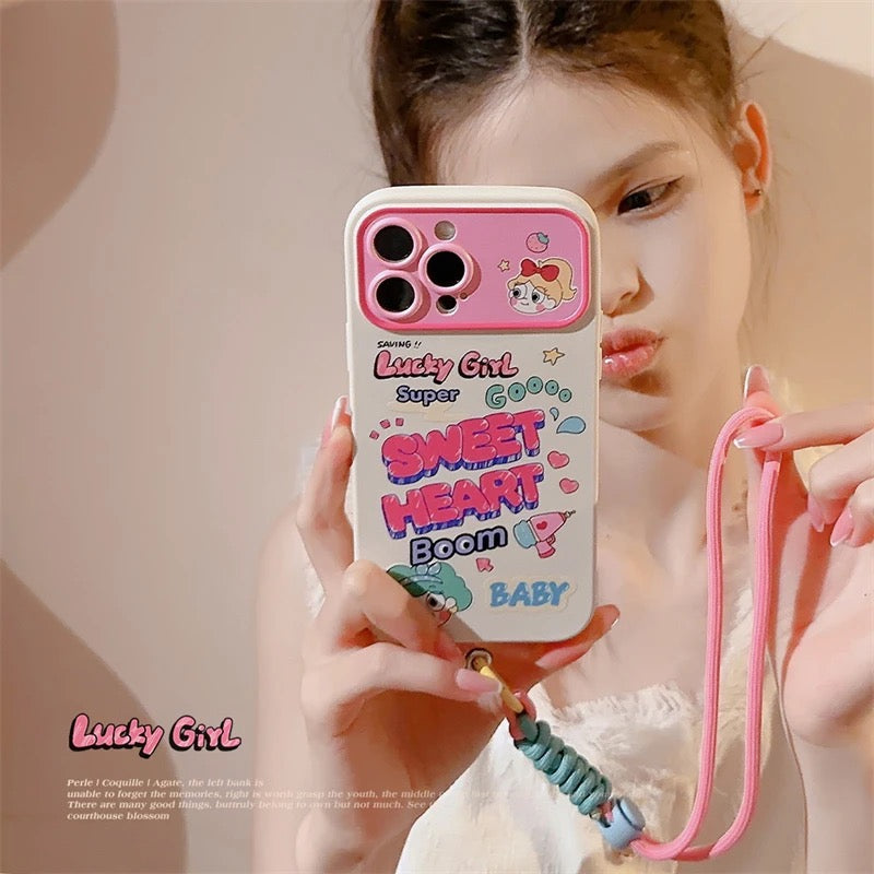 White Sweet Heart Pink Lanyard Bracelet iPhone Silicone Case