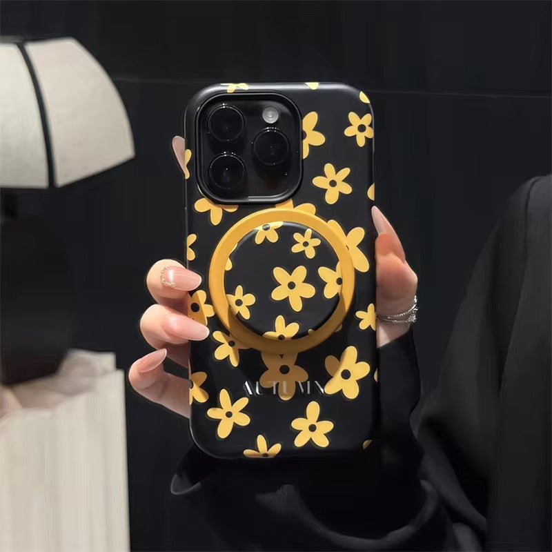 Black Yellow Flower Magsafe Magnetic Phone Holder iPhone Pre-Order Case