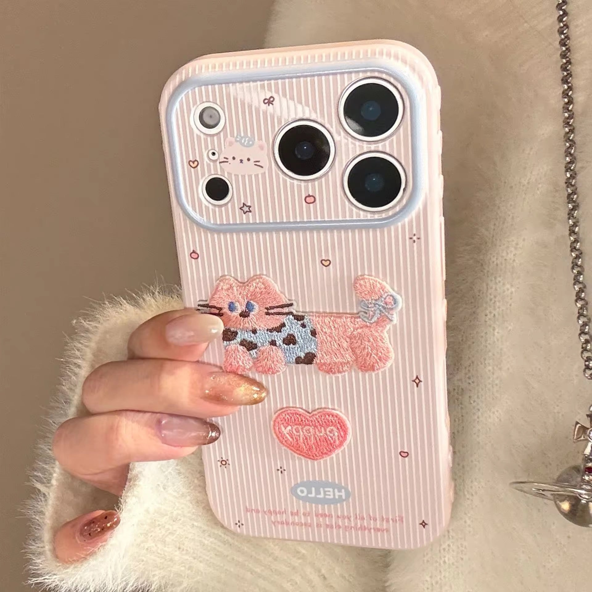 Cute Cat Dog 3D Embroidery Stripes iPhone Pre-Order Silicone Case