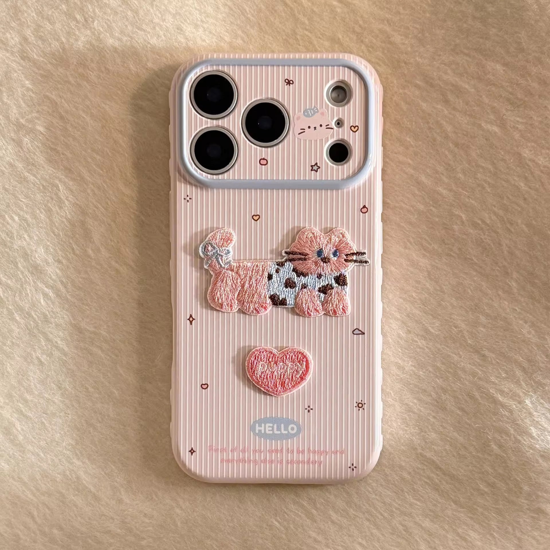 Cute Cat Dog 3D Embroidery Stripes iPhone Pre-Order Silicone Case