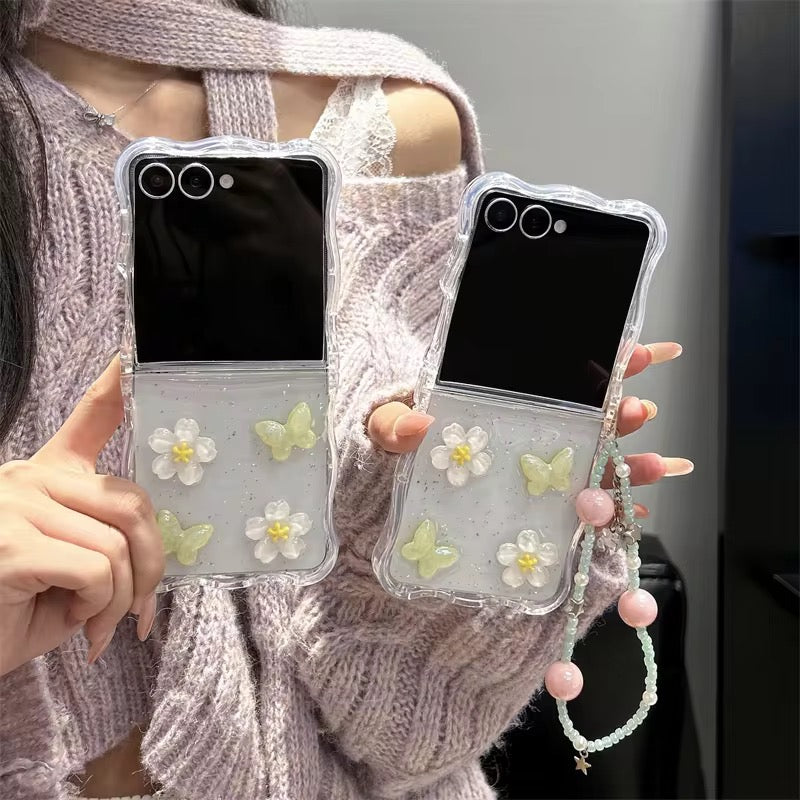 Green Yellow Floral Butterfly Wavy Edge Bumper Lanyard Chain Samsung Z Flip Pre-Order Case