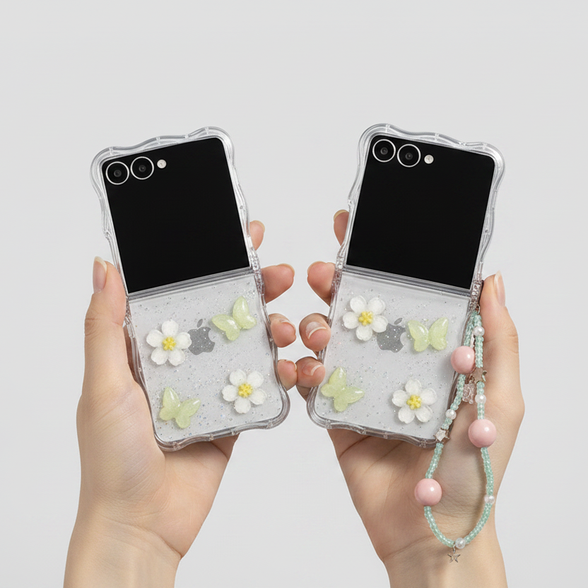 Green Yellow Floral Butterfly Wavy Edge Bumper Lanyard Chain Samsung Z Flip Pre-Order Case