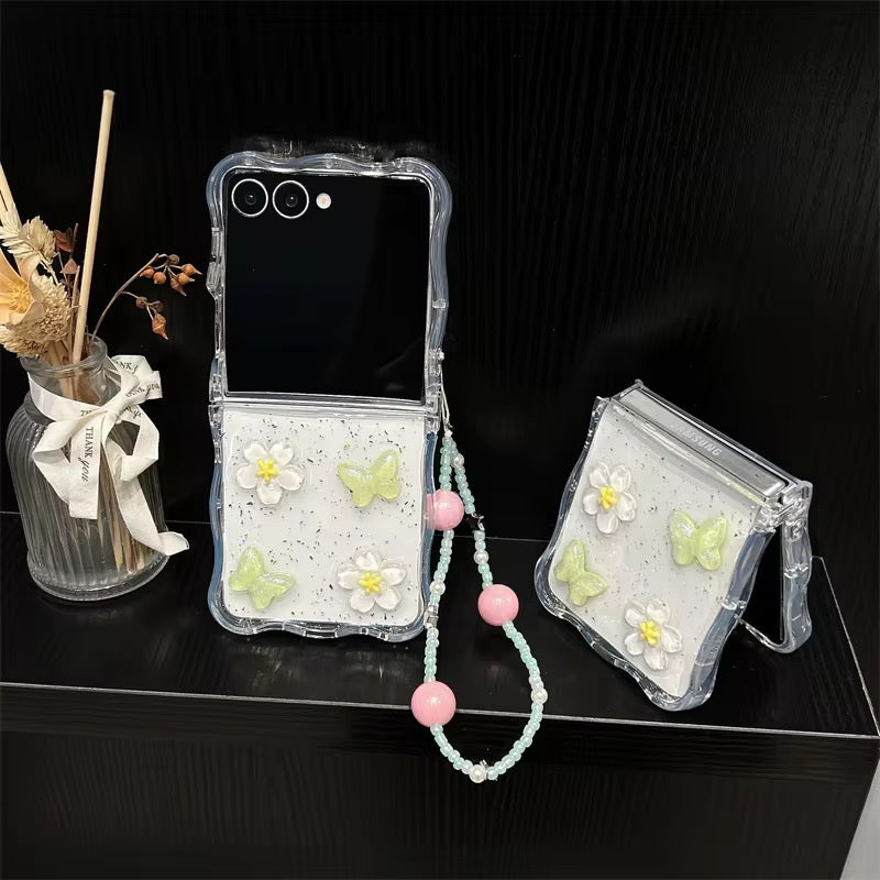 Green Yellow Floral Butterfly Wavy Edge Bumper Lanyard Chain Samsung Z Flip Pre-Order Case