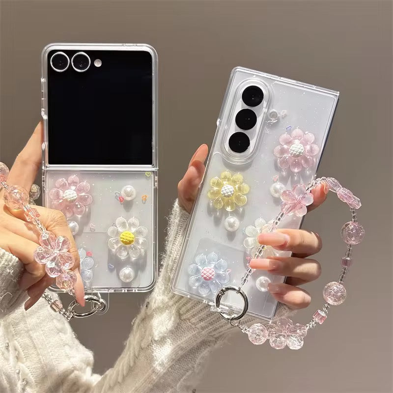 3D Cute Pearl Flower Lanyard Bracelet Chain Samsung Z Flip Fold Pre-Order Case